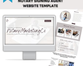 Op de afbeelding: Een website sjabloon voor een notaris, met een computermonitor met een website ontwerp. Het ontwerp bevat de tekst "Notary Marketing Co" en "Digitale download". Extra pagina's tonen aanbevolen diensten en getuigenissen van klanten.