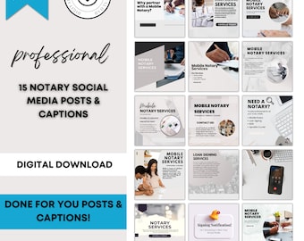 Op de afbeelding: Een digitale downloadafbeelding met de tekst "professional" en "15 NOTARY SOCIAL MEDIA POSTS & CAPTIONS." De afbeelding bevat verschillende vierkante sjablonen voor social media-berichten met thema's voor notarisservices.