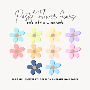 Puede incluir: Diez iconos de carpeta de flores pastel para Mac y Windows. Los iconos son de varios colores pastel, incluyendo azul, amarillo, rosa y morado. Los iconos tienen la forma de una flor simple de cinco pétalos.