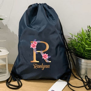Personalized Name Drawstring BagInitial Floral Print Bag Customize Drawstring Custom Gym Bag Bridal Party Drawstring Bag Wedding Gift