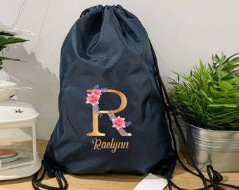 Personalized Name Drawstring BagInitial Floral Print Bag Customize Drawstring Custom Gym Bag Bridal Party Drawstring Bag Wedding Gift