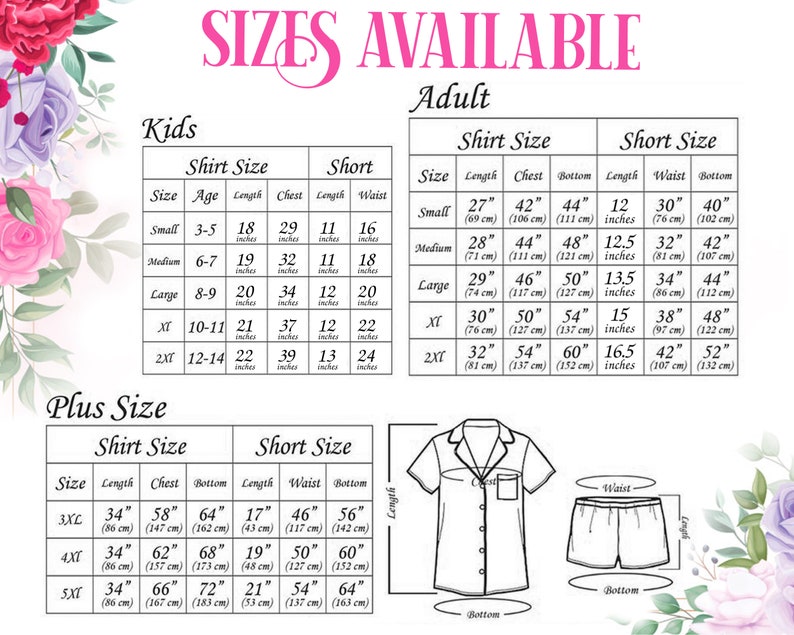 Pode incluir: Tabela de tamanhos para camisas e cal&ccedil;&otilde;es para crian&ccedil;as, adultos e tamanhos grandes. A tabela mostra o tamanho, a idade, o comprimento, o peito, a cintura e a parte inferior em polegadas e cent&iacute;metros.