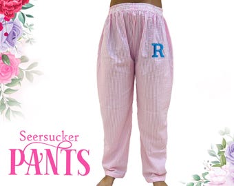 Bestickte Seersucker Hose - Personalisierte Pyjama Hose - Seersucker PJs Hose - Brautjungfer Geschenk - Monogramm Geburtstagskind Hose