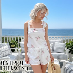 Floral Satin Cami Tank and Shorts Tie Knot Top Bridal Party Outfit Bridesmaid Gifts Wedding Morning Pajamas Gift Matching Pj Set Sleepwear