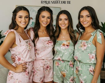 Women Satin Pajama Cami Tie Top and Shorts Floral Cami Tie Top & Shorts, Wedding PJs, Bridal Party Sleepwear Bridesmaid Gift Wedding Gift