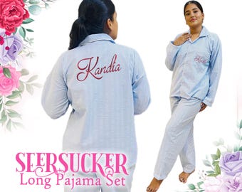 Seersucker Full Pajamas Set | Embroidery Pajamas | Personalized Bridal Pajamas | Seersucker Pajamas Set | Bridesmaid Pajamas | Gift for Her