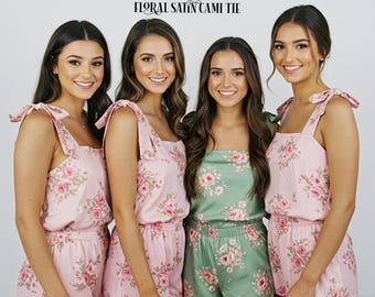 Floral Cami Tie Top & Shorts, Hochzeit PJs, Brautparty Nachtwäsche Frauen Satin Pyjama Cami Tie Top und Shorts Brautjungfer Geschenk Hochzeitsgeschenk