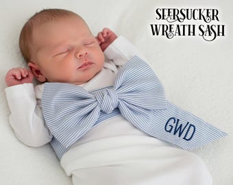 Seersucker Embroidered Wreath Sash Monogrammed Newborn Bow for Hospital Door Baby Shower Gift Custom Seersucker Sash for Nursery & PhotoProp