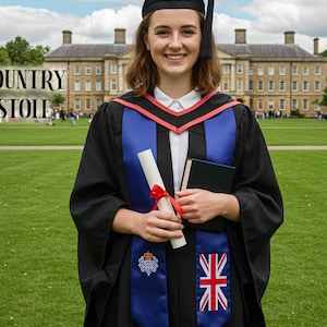 May include: A graduate in a black gown and cap, holding a diploma and a book. The gown has blue and red trim. A blue stole with a Union Jack flag is visible. The text "COUNTRY STOLE" is in the upper left corner.