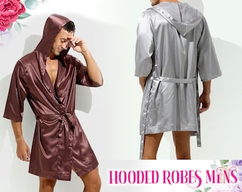 Personalized Mens Robes, Hooded Satin Robes with Boxer, Groomsmen Robes, Gift for Him, Gift for Honeymoon, Gift for Groom, Robe with Hoodie