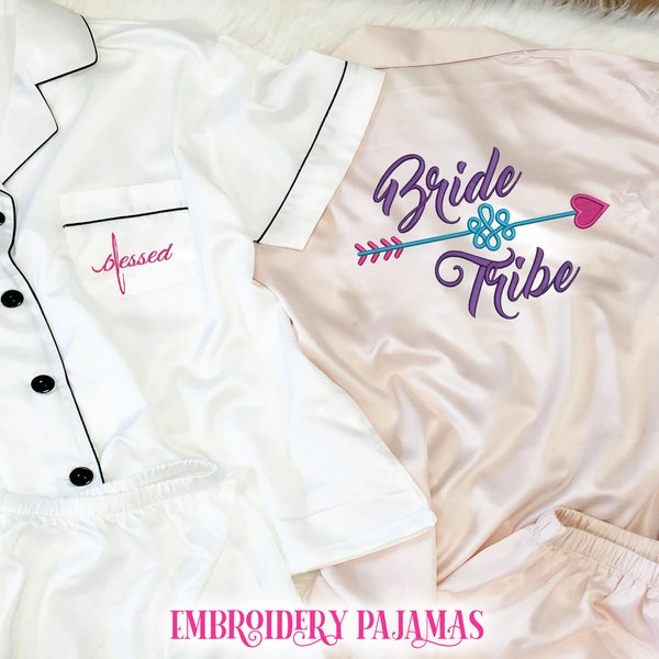 Custom Embroidered Satin Pajamas Set Personalized Pajamas Set Bridal Pajamas Short Set  Bridesmaid proposal Customized Pyjamas Wedding Gifts