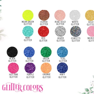 Pode incluir: Um gr&aacute;fico de cores de glitter com nomes para cada cor. As cores incluem verde neon, cobre, ouro rosa, branco, ouro, menta, vermelho, prata, confete, rosa neon, preto, azul, verde, azul-petr&oacute;leo, rosa quente, roxo, laranja e azul marinho.