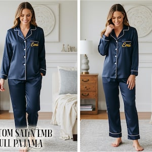Personalized Satin Full Pajamas Set | Bridal Party Pajamas | Bridesmaid Getting Ready Outfit | Custom Name Pajamas Bridesmaid Gift