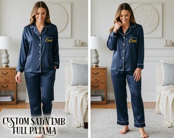 Conjunto de pijama completo personalizado em cetim | Pijama para festa de casamento | Roupa para madrinhas se arrumarem | Pijama personalizado com nome - Presente para madrinhas