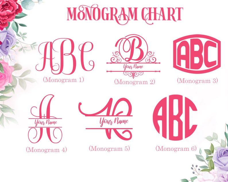 Pode incluir: Um gr&aacute;fico que mostra seis estilos diferentes de monogramas. Os estilos incluem um monograma tradicional com as iniciais do primeiro nome, sobrenome e segundo nome, um monograma com a primeira inicial em um c&iacute;rculo, um monograma com as iniciais em um ret&acirc;ngulo, um monograma com a primeira inicial em um c&iacute;rculo com uma linha abaixo, um monograma com a primeira inicial em um c&iacute;rculo com uma linha abaixo, e um monograma com as iniciais em um c&iacute;rculo.