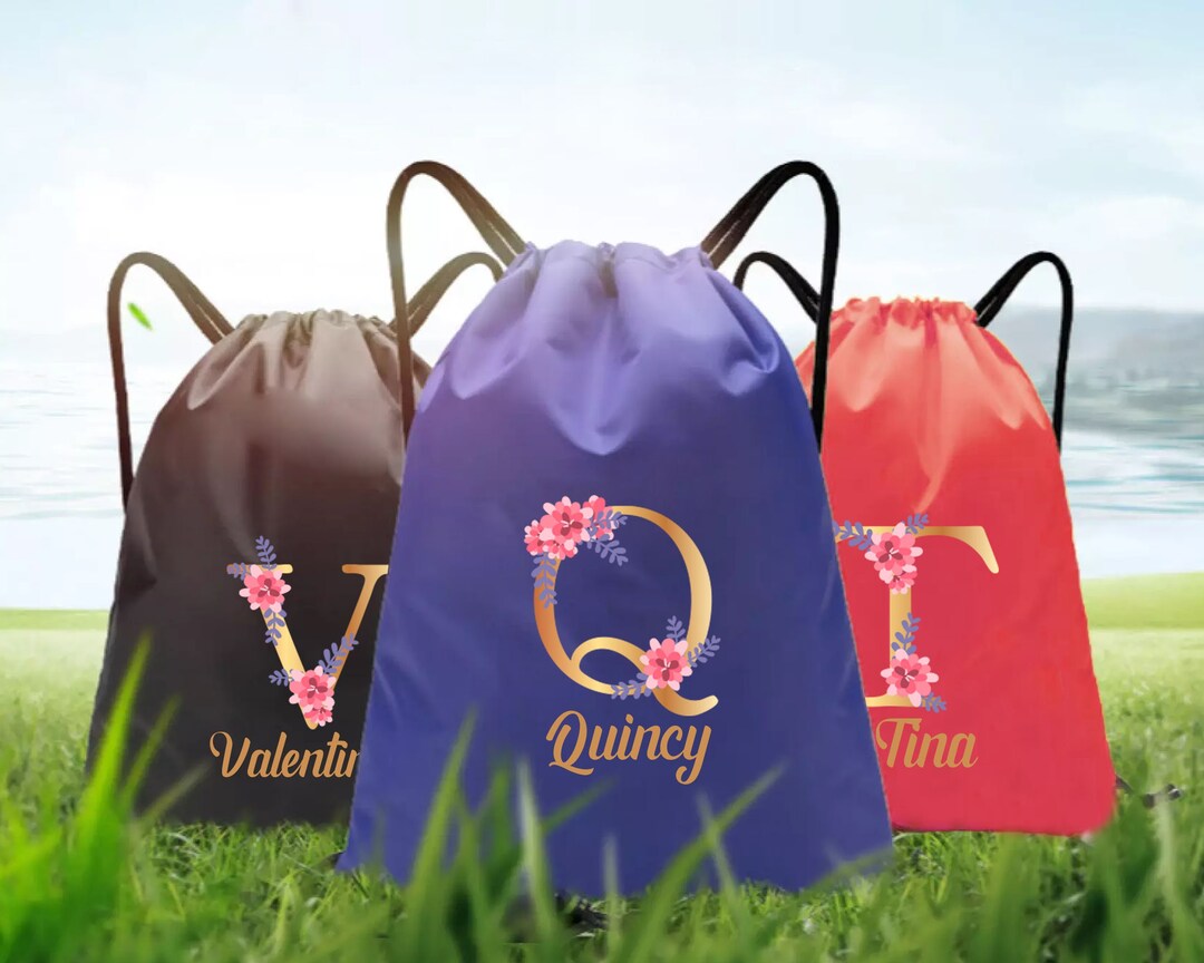 Initial Floral Print Bag Personalized Name Drawstring Bag Etsy