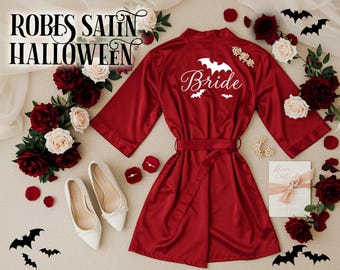 Gothic Satin Bride & Bridesmaid Robes Custom Halloween Robes Wedding Party Robes with Custom Design Halloween Theme Robe Bachelorette Gift