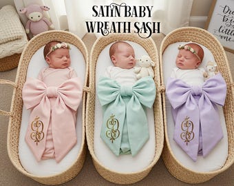 Faixa de cetim personalizada com laço para bebê, faixa personalizada para fotos de recém-nascido, lembrança de chá de bebê com nome bordado, presente para os pais.