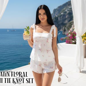 Satin Floral Cami Tie Knot and Shorts Pajama Set Bridesmaid Gifts Bridal Party Gifts Wedding Gifts Matching Lounge Set Bachelorette Outfit