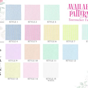 Puede incluir: Una exhibici&oacute;n de patrones de tela seersucker en varios colores, incluyendo cuadros, rayas y lisos. La imagen muestra diferentes estilos etiquetados del 1 al 15, con una opci&oacute;n blanca. El texto "AVAILABLE PATTERNS" se muestra en rosa.