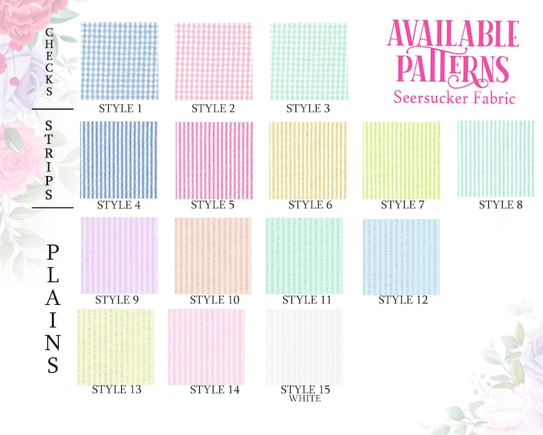 Puede incluir: Una exhibici&oacute;n de patrones de tela seersucker en varios colores, incluyendo cuadros, rayas y lisos. La imagen muestra diferentes estilos etiquetados del 1 al 15, con una opci&oacute;n blanca. El texto "AVAILABLE PATTERNS" se muestra en rosa.