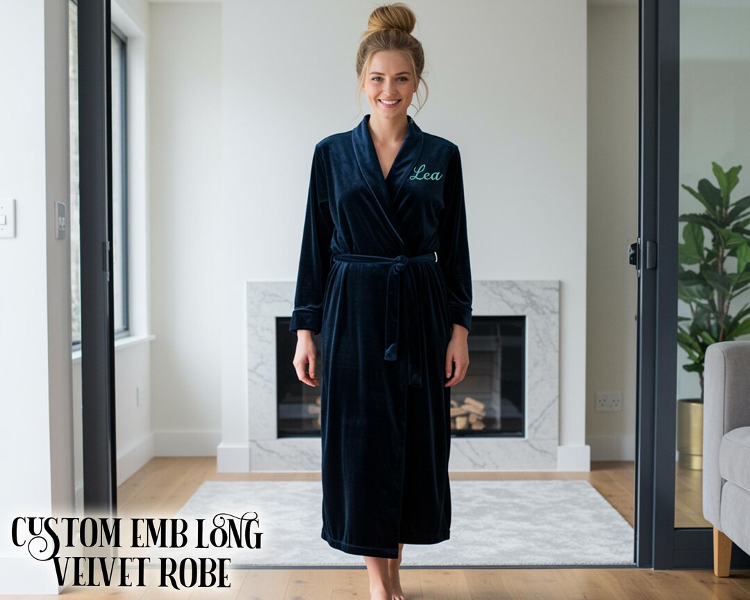 Long Embroidered Robe Custom Embroidered Velvet Long Robe for Women, Bride Robe, Bridal Robe ...