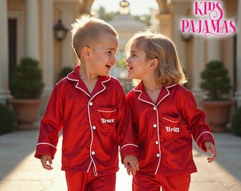 Personalized Kids Long Pajamas Set Birthday Party Pjs Flower Girl Long Pant Sleeve Set Bridesmaid Party Personalized Satin Full Pajama Set