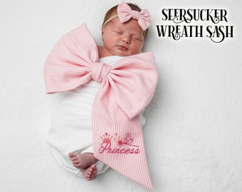 Custom Seersucker Sash for Nursery & PhotoProp Seersucker Embroidered Wreath Sash Monogrammed Newborn Bow for Hospital Door Baby Shower Gift