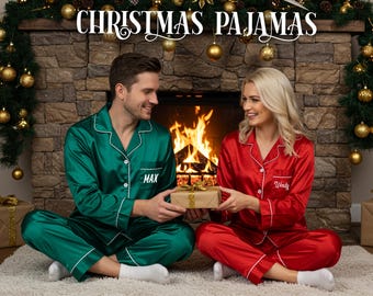 Satijnen kerstpyjamaset – vakantienachtkleding voor vrouwen, luxe satijnen pyjama, kerstcadeau voor haar, zachte loungekleding, cadeau bruidsmeisje