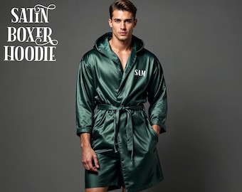 Satin-Roben mit Kapuze und Boxer, personalisierte Herren-Roben, Groomsmen-Roben, Geschenk für ihn, Geschenk für Flitterwochen, Geschenk für den Bräutigam, Robe mit Hoodie