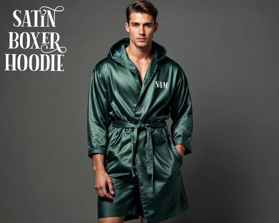 Hooded Satin Robes with Boxer, Personalized men's Robes, Groomsmen Robes, Gift for Him, Gift for Honeymoon, Gift for Groom, Robe with Hoodie