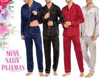Personalized Men's Pajamas with piping Personalized Pajamas Grooms Pajama Custom Satin Pajama for Men Anniversary gift Long Pant Sleeve Set