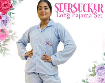 Personalized Seersucker Full Pajamas Set | Embroidery Pajamas Set | Bridal Pajama Set | Pajamas Set | Bridesmaid Pajamas | Gift for Her