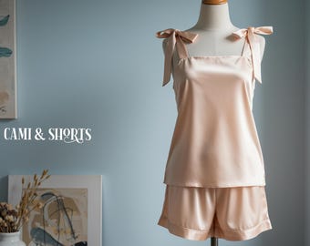 Shoulder Cami Tie Knot and Shorts Satin Pj Sets Bridesmaids Gifts Satin Sami Tank and Shorts Bridal Sets Gift For Her Wedding Gifts