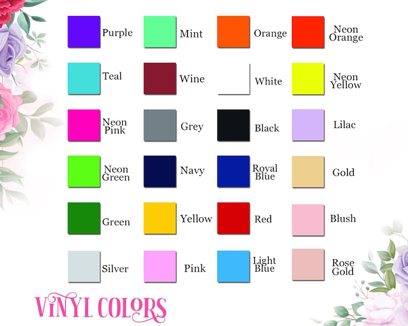 Pode incluir: Um gr&aacute;fico de cores de vinil com nomes para cada cor. As cores incluem roxo, menta, laranja, azul-petr&oacute;leo, vinho, branco, rosa neon, cinza, preto, lil&aacute;s, verde neon, azul marinho, azul royal, dourado, verde, amarelo, vermelho, blush, prata, rosa, azul claro e ouro rosa.