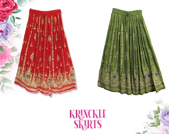Jupe longue froissée imprimée en coton pour femmes, jupe hippi éthique pour femmes indiennes, jupe froissée longue cravate, jupe multicolore, falda indienne