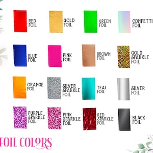 Pode incluir: Um gr&aacute;fico mostrando 16 cores de folha diferentes para artesanato e projetos de bricolage. As cores incluem vermelho, dourado, azul, verde, confete, rosa, marrom, dourado brilhante, laranja, prateado brilhante, azul esverdeado, prateado, roxo brilhante, rosa brilhante, vermelho brilhante e preto.