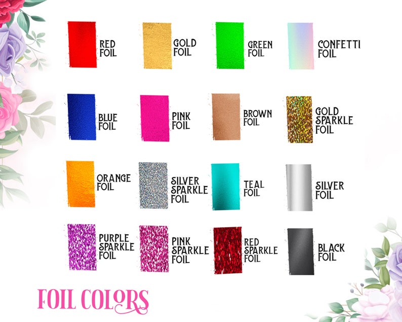 Pode incluir: Um gr&aacute;fico mostrando 16 cores de folha diferentes para artesanato e projetos de bricolage. As cores incluem vermelho, dourado, azul, verde, confete, rosa, marrom, dourado brilhante, laranja, prateado brilhante, azul esverdeado, prateado, roxo brilhante, rosa brilhante, vermelho brilhante e preto.