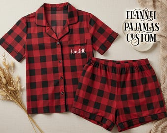 Custom Flannel Short Pajama Set, Women's Soft Sleepwear, Personalized Button Up Pajama Set, Bride & Bridesmaid Gift, Wedding Morning Outfit