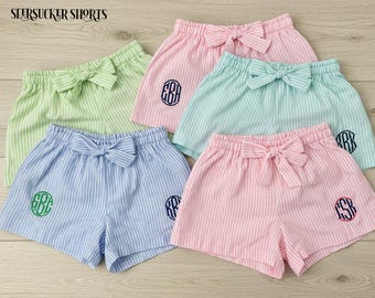 Personalized Seersucker Lounge Shorts for Women - Custom Monogrammed Pajama Shorts - Striped Summer Sleepwear & Loungewear - Bridesmaid Gift