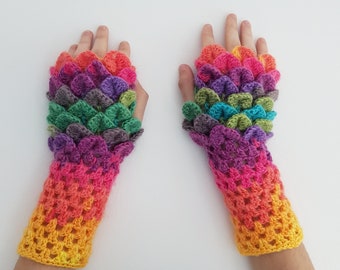 Rainbow dragon scale fingerless gloves, soft and cozy hand warmers, crocheted colorful crocodile stitch mittens, great gift for dragon lover