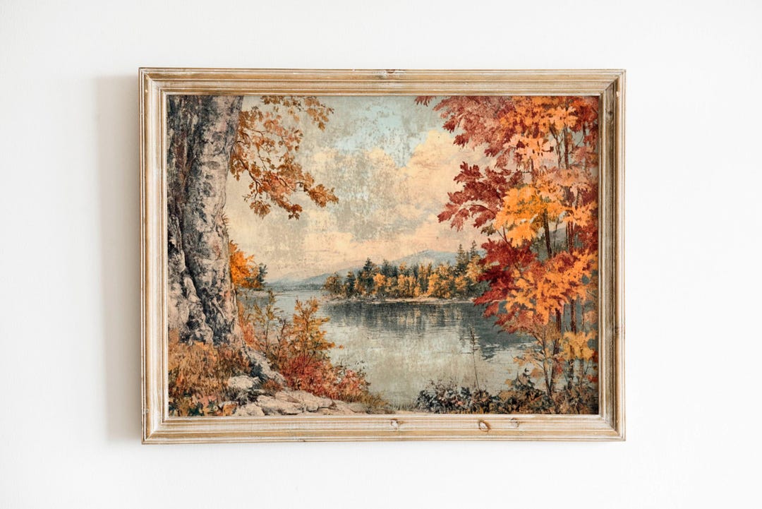 Moody Fall Lake Landscape Print, Vintage Rustic Autumn Wall Art ...