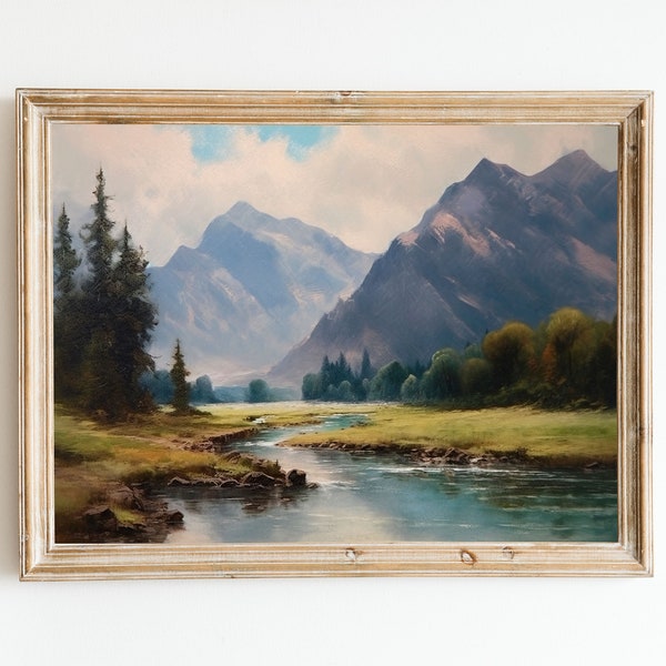 vintage River Landscape Painting Wall Art Prints, Mountain Wall Art, Nature Wall Art, Imprimable, Téléchargeable, Téléchargement numérique