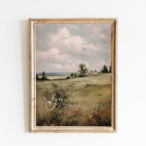 夏の田舎の風景画 ヴィンテージ ウォールアートプリント、水彩画プリント、印刷可能、デジタルダウンロード、ダウンロード可能