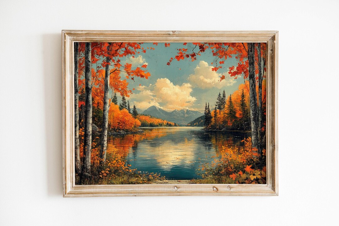 Fall Lake Landscape Print, Vintage Rustic Autumn Wall Art Printable ...