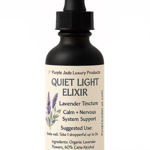 May include: A matte black glass bottle with a dropper, labeled "QUIET LIGHT ELIXIR." The label features text and a lavender illustration. The bottle contains 2 fl oz of lavender tincture for calm and nervous system support.