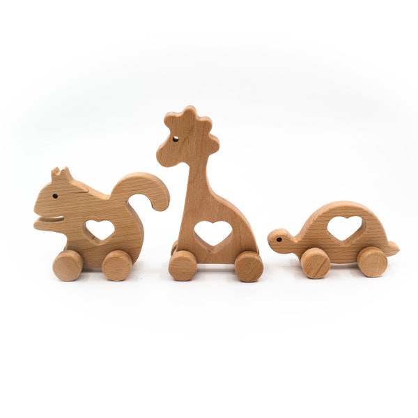 3 Piece Wooden Animal Toy Set, Wooden Turtle-Giraffe-Squirrel Animal Toy Set, Montessori Wooden Toys, Handmade Wooden Animal Toy Set