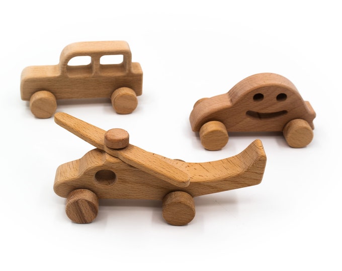 3 Piece Wooden Toy Set, Wooden Minibus-Jeep-Emoji Vosvos Toy Set, Montessori Wooden Toys, Handmade Natural Wooden Animal Toys, Gift For Kids