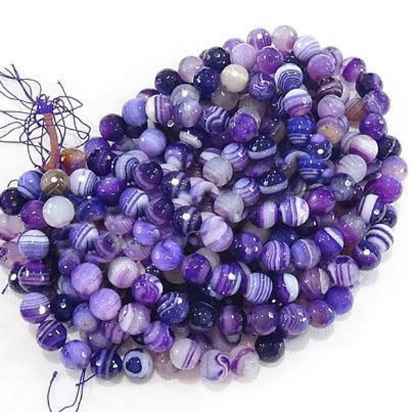 Agate madagascar 8mm à facettes violette grade a - 47 perles par fil - perles agate madagascar violette à facettes naturelle ronde