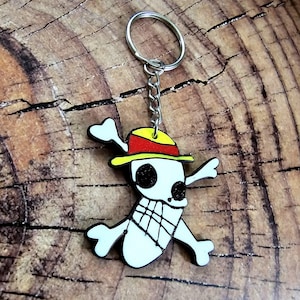 Puede incluir: Un llavero de calavera blanca con un sombrero de paja amarillo y rojo. El llavero est&aacute; unido a un llavero plateado.